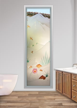 Window with Frosted Glass Desert Mountains Foliage Design by Sans Soucie