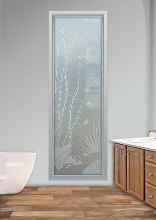 Window showcasing a Frosted Glass Desert Design with Sandblast Etched Glass Art by Sans Soucie Ocotillo Design