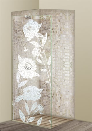 Shower Partition showcasing a Frosted Glass Floral Design with Sandblast Etched Glass Art by Sans Soucie Peonies Design