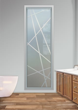 Window featuring Frosted Glass Design Etched Glass by Sans Soucie Art Glass with Custom Geometric Design Pick Up