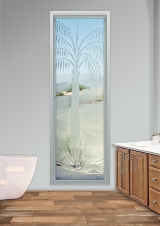 Window featuring Frosted Glass Design Etched Glass by Sans Soucie Art Glass with Custom Palm Trees Design Queen Palm
