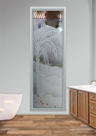 Window featuring Frosted Glass Design Etched Glass by Sans Soucie Art Glass with Custom Palm Trees Design Queen Palm Pear Cactus