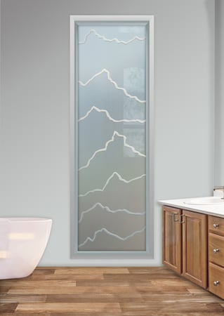 Window showcasing a Frosted Glass Abstract Design with Sandblast Etched Glass Art by Sans Soucie Serrated Design
