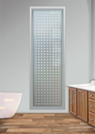 Window featuring Frosted Glass Design Etched Glass by Sans Soucie Art Glass with Custom Geometric Design Squares