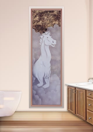 Window showcasing a Frosted Glass Western Design with Sandblast Etched Glass Art by Sans Soucie Lone Stallion I Design