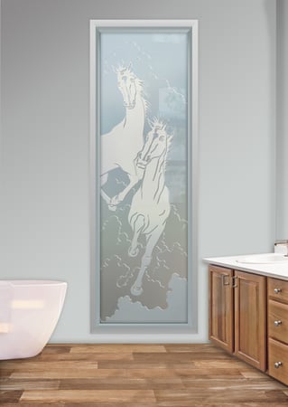 Window featuring Frosted Glass Design Etched Glass by Sans Soucie Art Glass with Custom Western Design Stallions