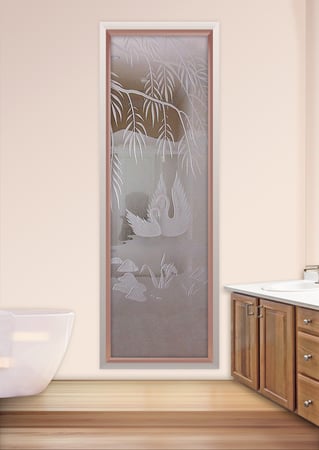 Window featuring a Frosted Glass Wildlife Design Sandblast Etched Glass Swan Song Design by Sans Soucie