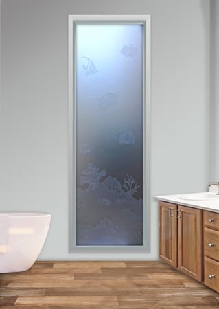 Window showcasing a Frosted Glass Oceanic Design with Sandblast Etched Glass Art by Sans Soucie Tropical Fish Design