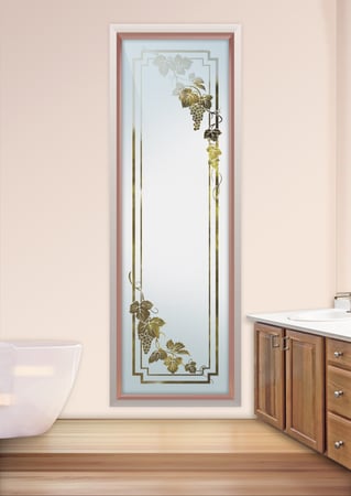 Window featuring Frosted Glass Design Etched Glass by Sans Soucie Art Glass with Custom Grapes & Ivy Design Vineyard Grapes Cascade