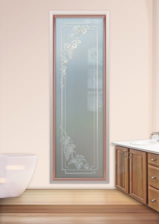 Window featuring a Frosted Glass Grapes & Ivy Design Sandblast Etched Glass Vineyard Grapes Cascade Pair Design by Sans Soucie