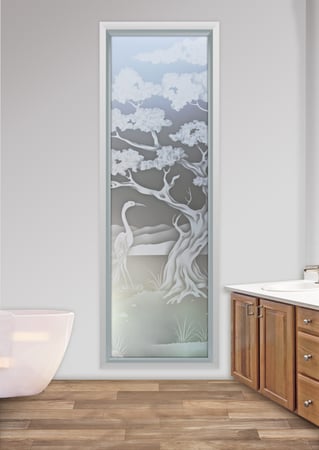 Window showcasing a Frosted Glass Asian Design with Sandblast Etched Glass Art by Sans Soucie Bonsai Egret Design