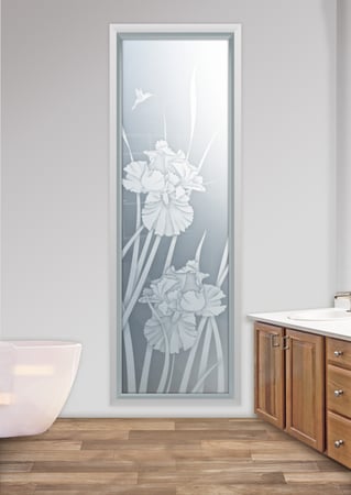Window featuring a Frosted Glass Floral Design Sandblast Etched Glass Iris Hummingbird II Design by Sans Soucie