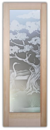 Front Door showcasing a Frosted Glass Asian Design with Sandblast Etched Glass Art by Sans Soucie Bonsai Egret Design