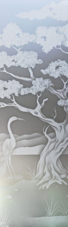Door Glass Insert showcasing a Frosted Glass Asian Design with Sandblast Etched Glass Art by Sans Soucie Bonsai Egret Design