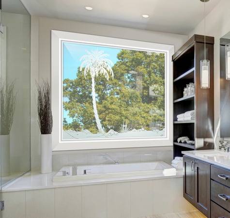 Window with a sandblast Frosted Glass Palm Trees Design Custom-Designed Decorative Etched Glass