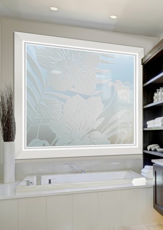 Window with Frosted Glass Tropical Hibiscus Anthurium Grand Design by Sans Soucie