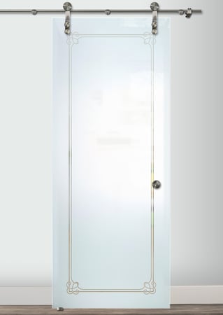 Glass Barn Door with a sandblast Frosted Glass Borders Design Custom-Designed Decorative Etched Glass