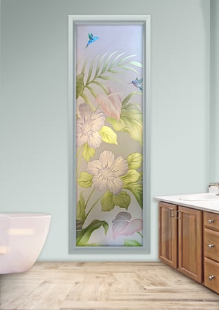 Window featuring a Frosted Glass Tropical Design Sandblast Etched Glass Hibiscus Anthurium Design by Sans Soucie