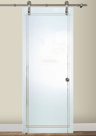 Glass Barn Door featuring a Frosted Glass Borders Design Sandblast Etched Glass Ultra Border Design by Sans Soucie