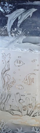 Door Glass Insert featuring Frosted Glass Design Etched Glass by Sans Soucie Art Glass with Custom Oceanic Design Aquarium Dolphins