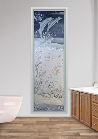 Window featuring Frosted Glass Design Etched Glass by Sans Soucie Art Glass with Custom Oceanic Design Aquarium Dolphins