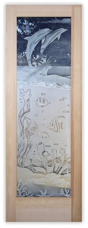 Pantry Door featuring Frosted Glass Design Etched Glass by Sans Soucie Art Glass with Custom Oceanic Design Aquarium Dolphins