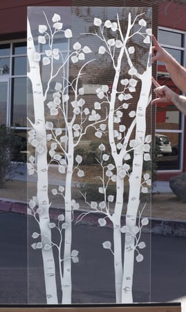 Shower Partition with a Frosted Glass Birch Intricate Trees Design for Semi-Private by Sans Soucie Art Glass