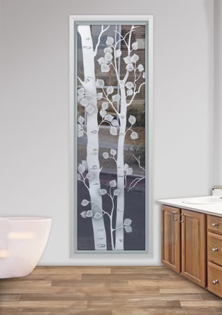 Window featuring a Frosted Glass Trees Design Sandblast Etched Glass Birch Design by Sans Soucie