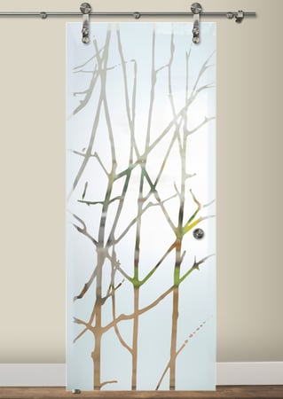 Glass Barn Door with a sandblast Frosted Glass Trees Design Custom-Designed Decorative Etched Glass