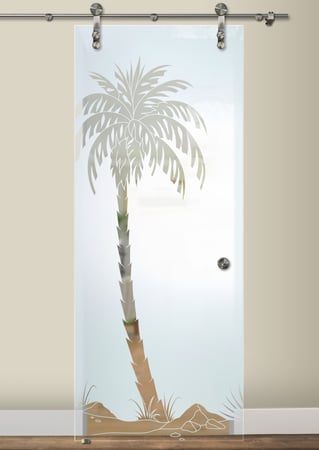 Glass Barn Door with a sandblast Frosted Glass Palm Trees Design Custom-Designed Decorative Etched Glass