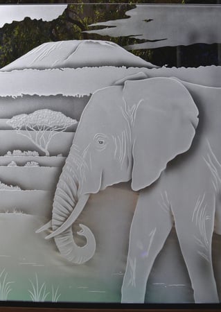 Window featuring Frosted Glass Design Etched Glass by Sans Soucie Art Glass with Custom Wildlife Design Elephant Outlook