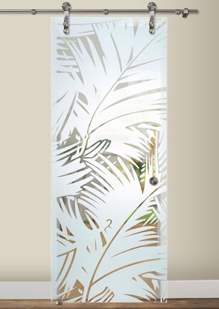 Glass Barn Door featuring a Frosted Glass Tropical Design Sandblast Etched Glass Fronds Design by Sans Soucie