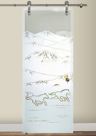 Glass Barn Door featuring a Frosted Glass Western Design Sandblast Etched Glass Galloping in the Vistas Design by Sans Soucie