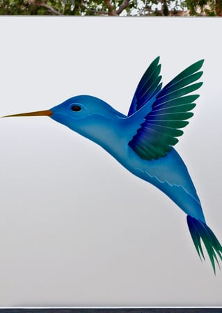 Window featuring Frosted Glass Design Etched Glass by Sans Soucie Art Glass with Custom Wildlife Design Hummingbird 2