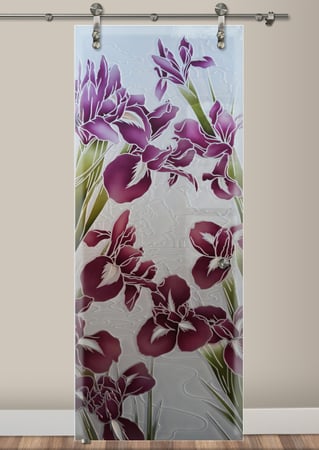 Glass Barn Door with a Frosted Glass Iris III Floral Design for Private by Sans Soucie Art Glass