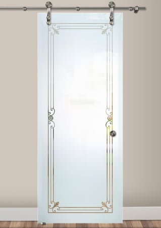 Glass Barn Door with a Frosted Glass Miranda Wrought Iron Design for Semi-Private by Sans Soucie Art Glass