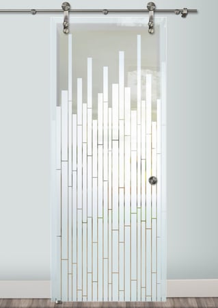 Glass Barn Door featuring Frosted Glass Design Etched Glass by Sans Soucie Art Glass with Custom Geometric Design Mosaics