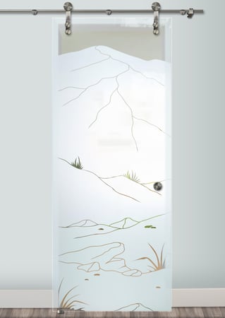 Glass Barn Door with Frosted Glass Desert Mountains Foliage Design by Sans Soucie