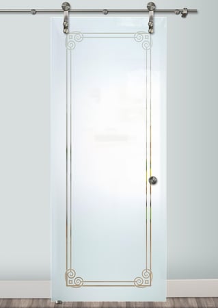 Glass Barn Door featuring a Frosted Glass Borders Design Sandblast Etched Glass Parisian Border Design by Sans Soucie
