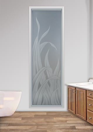 Window featuring Frosted Glass Design Etched Glass by Sans Soucie Art Glass with Custom Foliage Design Reeds