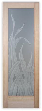 Bathroom Door featuring Frosted Glass Design Etched Glass by Sans Soucie Art Glass with Custom Foliage Design Reeds