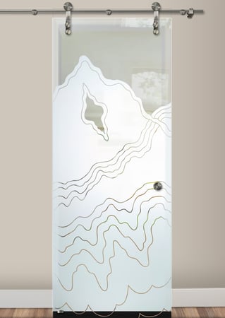 Glass Barn Door showcasing a Frosted Glass Abstract Design with Sandblast Etched Glass Art by Sans Soucie Rugged Retreat Design