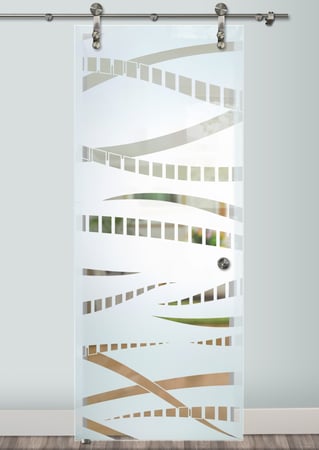 Glass Barn Door with a Frosted Glass Trails Abstract Design for Semi-Private by Sans Soucie Art Glass