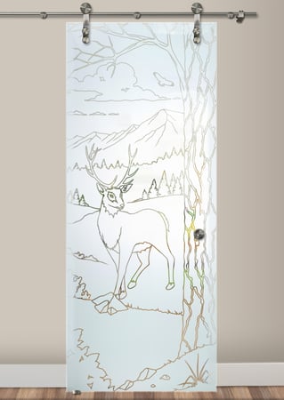 Glass Barn Door with Frosted Glass Wildlife Wandering White Tail Design by Sans Soucie