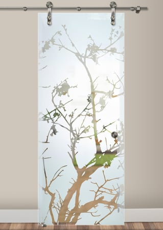 Glass Barn Door with Frosted Glass Asian Wild Cherry Design by Sans Soucie