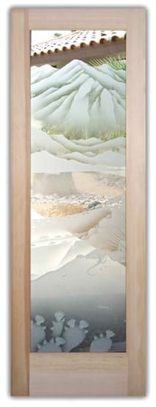 Pantry Door showcasing a Frosted Glass Desert Design with Sandblast Etched Glass Art by Sans Soucie Desert Lizard & Pear Cactus Design