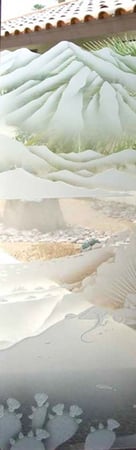 Door Glass Insert showcasing a Frosted Glass Desert Design with Sandblast Etched Glass Art by Sans Soucie Desert Lizard & Pear Cactus Design