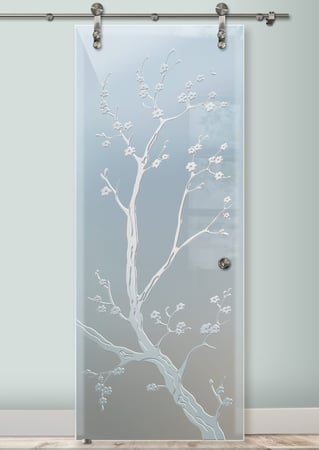 Glass Barn Door with Frosted Glass Asian Cherry Blossom Design by Sans Soucie