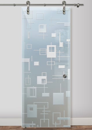 Glass Barn Door with a Frosted Glass Cross Bars Geometric Design for Semi-Private by Sans Soucie Art Glass