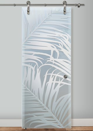 Glass Barn Door featuring a Frosted Glass Tropical Design Sandblast Etched Glass Fern Leaves Design by Sans Soucie
